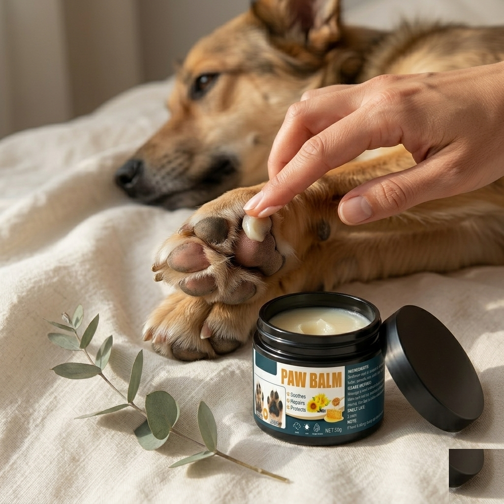 A hand massaging Pawse Balm into a dog's paw pad
