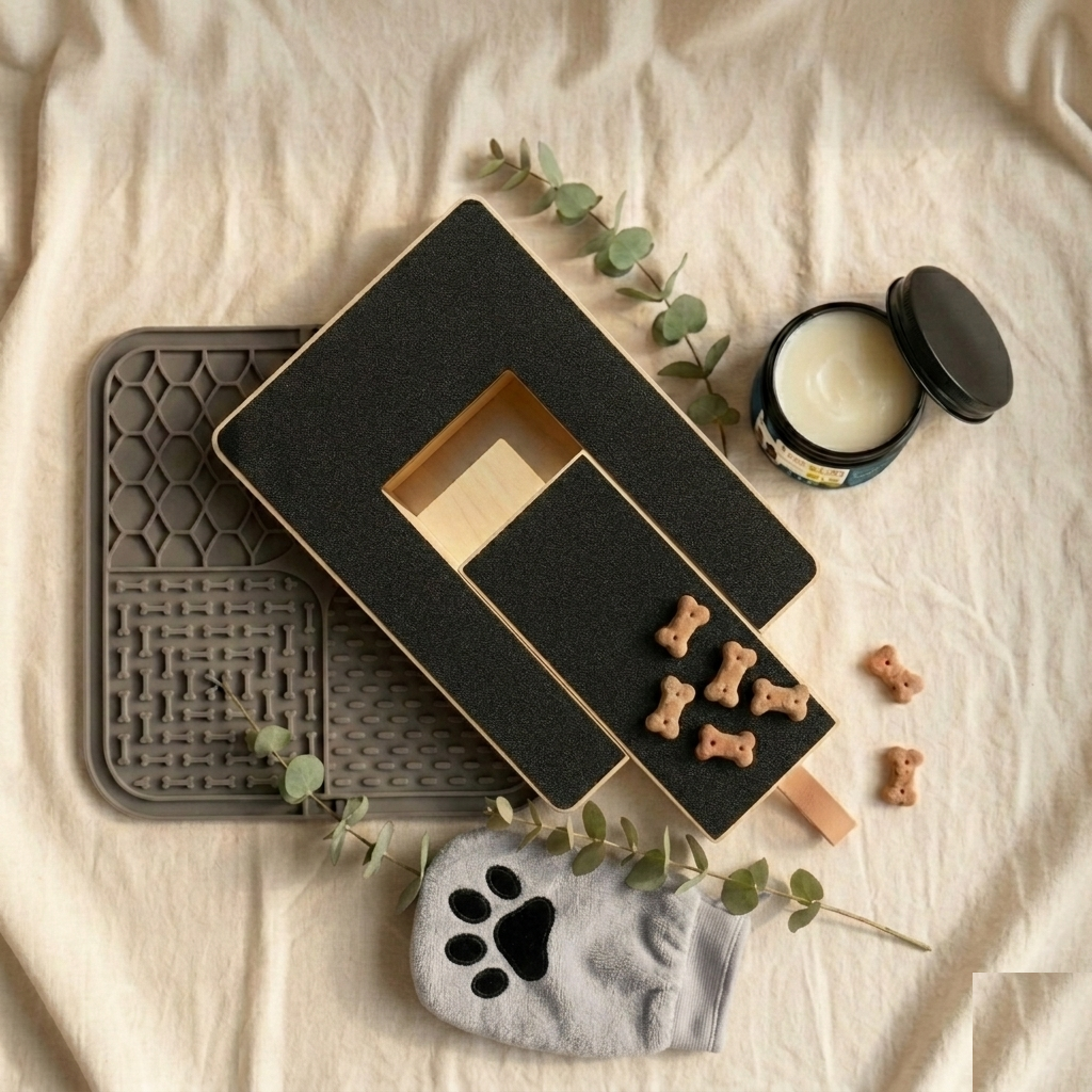 The Everything Kit laid out on linen — board, balm, lick mat and paw mitt