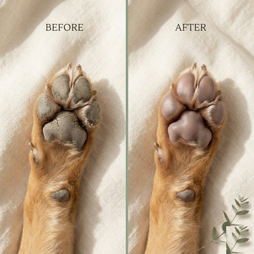 A dog's paw before and after using Pawse Balm