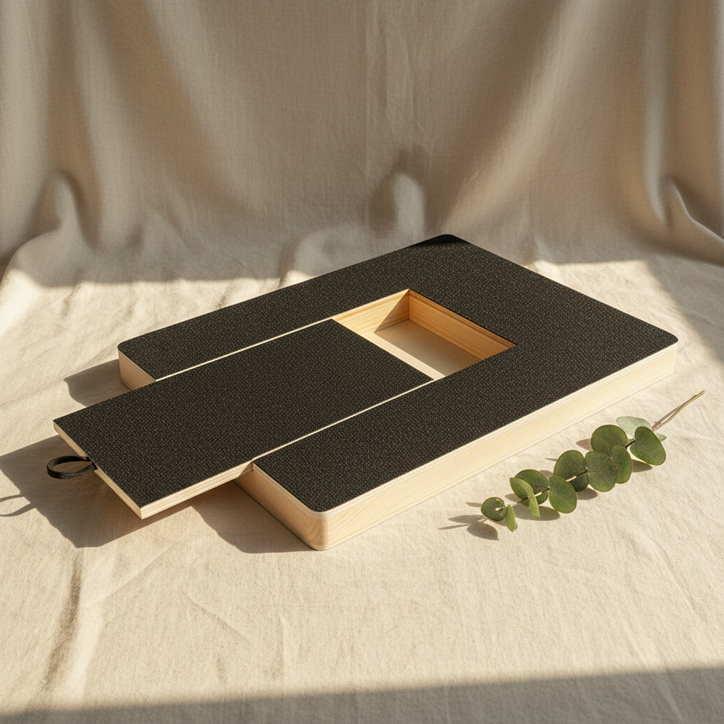 Pawse Board, wooden nail scratch board with treat drawer on a linen surface