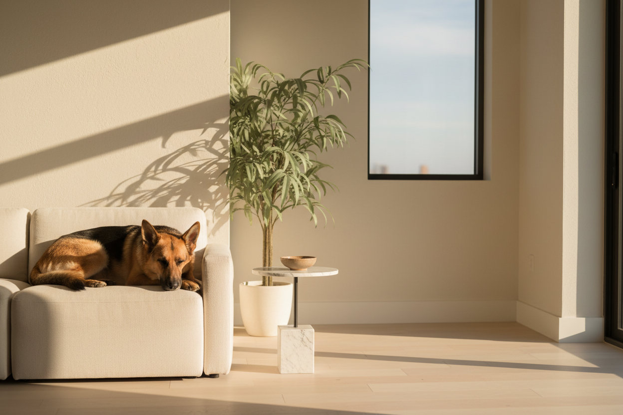 Light-filled modern living room at golden hour, a calm mixed-breed dog resting on a linen sofa, a human hand gently holding its paw, a small ceramic dish of Pawse Balm on a marble side table, natural daylight through a large window