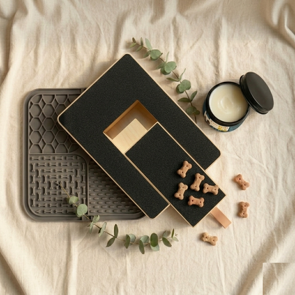 The complete Pawse paw-care kit — wooden scratch board, balm tin, and sage lick mat on linen