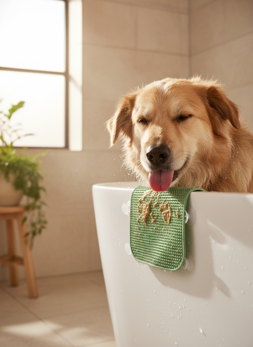 A dog happily licking peanut butter from a silicone Pawse Mat suctioned to the side of a bathtub during bath time, calm expression, water droplets, soft daylight