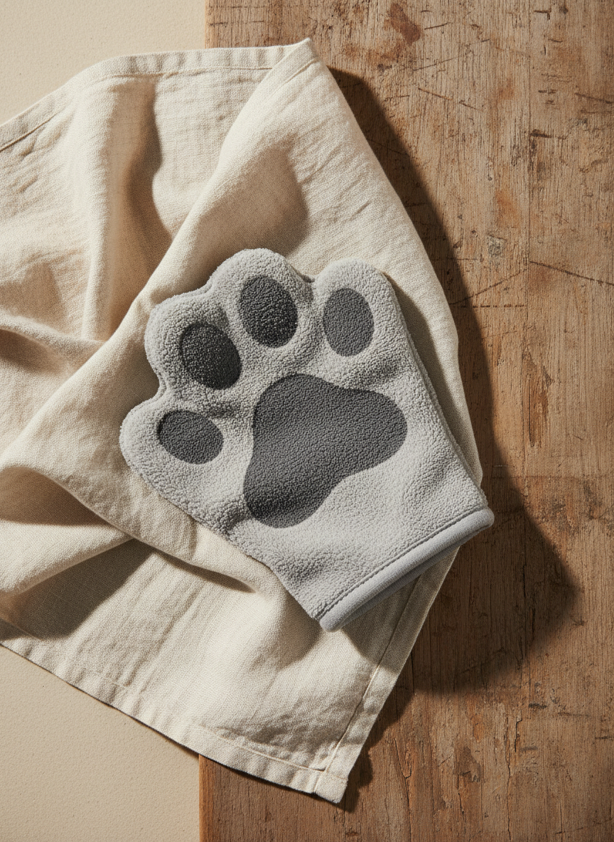 The folded Pawse microfiber mitt resting on a linen surface beside a worn wooden board
