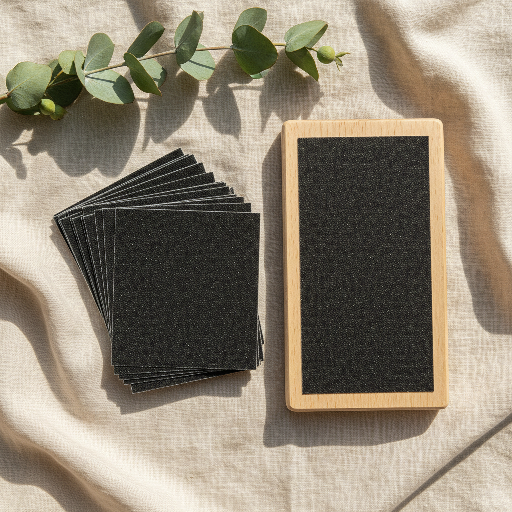 A pack of replacement sandpaper sheets for the Pawse Board on a linen surface