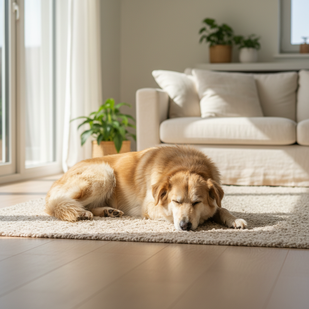 A shepherd-mix dog resting at home