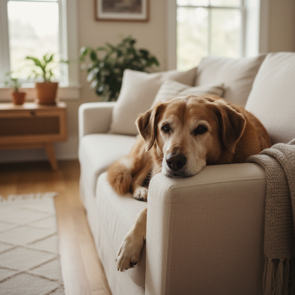 A senior mixed-breed dog on a linen sofa