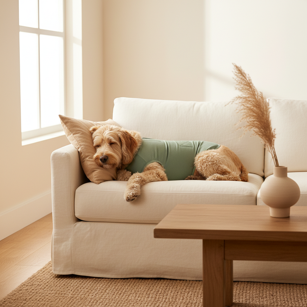 A medium dog wearing a snug sage-toned anxiety wrap, resting calmly on a sofa