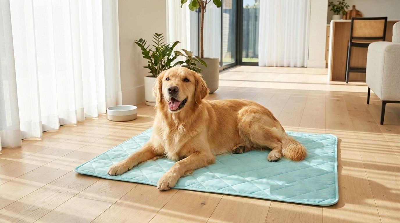 A golden retriever lying on a cooling mat in a sunlit living room