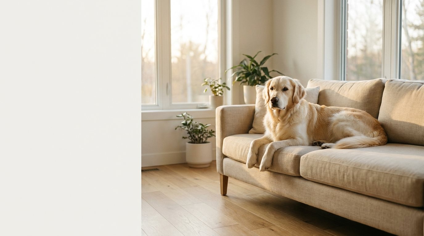 A relaxed dog at home on the sofa